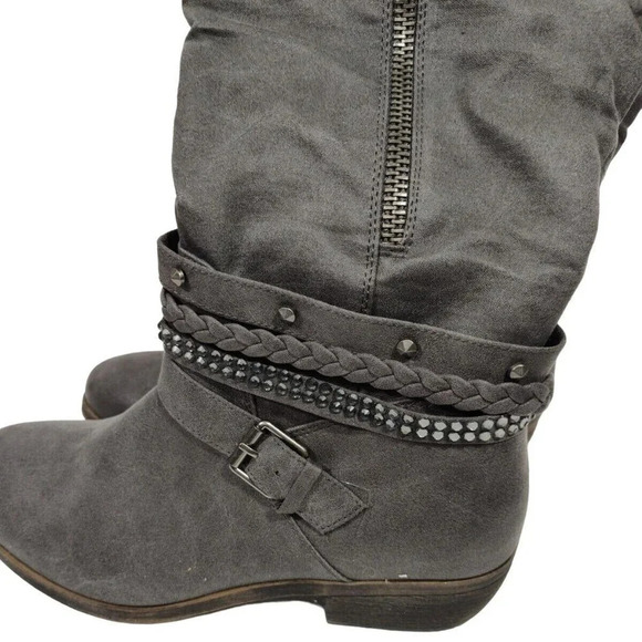 SO Calf-Length Boot Low Heel Women Size 9.5 Gray Rhinestone Studded Zipper - Picture 3 of 7